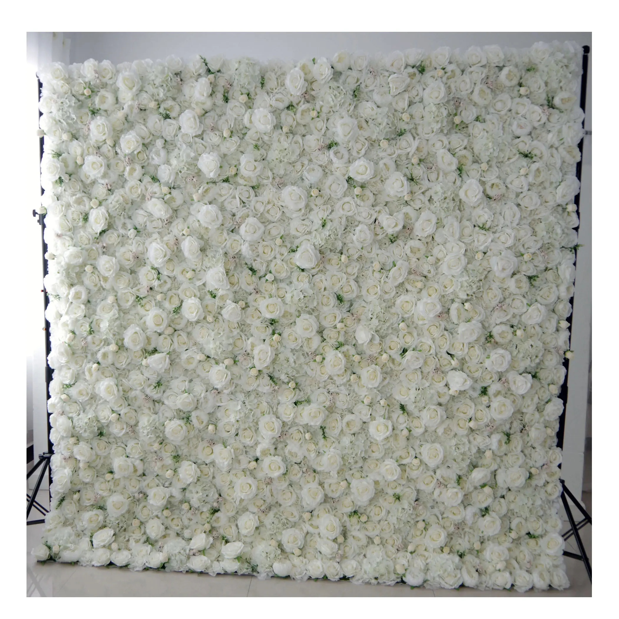 8ftx8ft ฟุต3D เทียมดอกไม้ผ้าไหมผนังแผงสีขาวกุหลาบไฮเดรนเยียผ้ากลิ้งม่านดอกไม้ผนังฉากหลัง