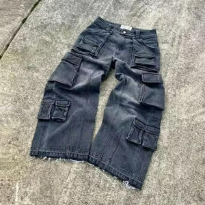 مخصص للرجال كارجو 15 أونصة قطن بنطلون جينز كلاسيكي مبطّن جينز فضفاض للرجال مستقيم 3D جيوب متعددة البضائع غسل الجينز الرجال - Product Image 2