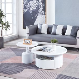 2-Piece White MDF Round <b>Coffee</b> <b>Table</b> Set for Living Room Bedroom - Product Image 1