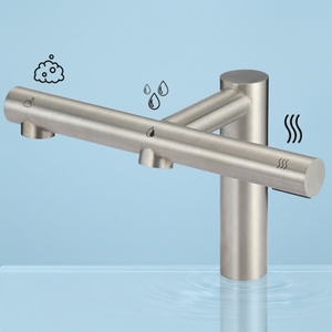 Dispenser automatico di sapone in ottone montato sul ponte a 3 funzioni <span class=keywords><strong>sensore</strong></span> <span class=keywords><strong>rubinetti</strong></span> per lavabo da bagno miscelatori e <span class=keywords><strong>rubinetti</strong></span> <span class=keywords><strong>con</strong></span> asciugatura - Product Image 1