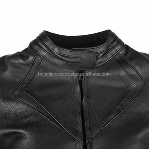 Chaqueta de Motociclista de Cuero Genuino para Mujer, Cuello Alto, Corte Ajustado, Cierre de Cremallera, Prenda Exterior de Moda para Motocicleta, Negra, Tejida - Product Image 1