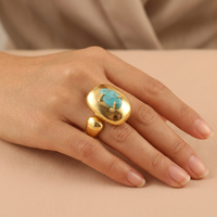 Bague ajustable en laiton massif plaqué or avec pierre précieuse en turquoise Kingman naturelle, forme marquise, bijoux personnalisés en gros