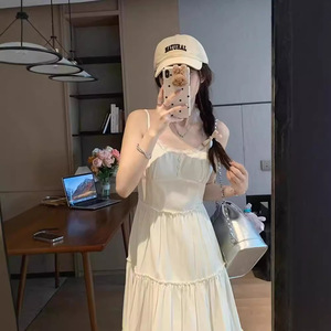 French Style Sweet Patchwork Suspender Dress Women Summer Beach Vacation Midi Length Square Neck Tight Waist Solid Color - Product Image 4