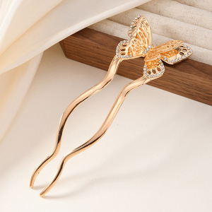 Elegante Pasador de Pelo en Forma de U con Diamantes para Mujer, Decoración Nupcial para el Cabello, Hecho de Aleación y Cristal con Diseño de Mariposa - Product Image 6