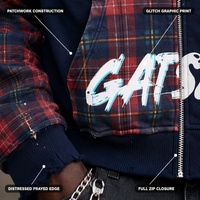 Sweat à capuche zippé intégral en molleton épais 480 GSM pour homme, motif écossais marine patchwork, effet vieilli et graphique glitch, pour le streetwear urbain