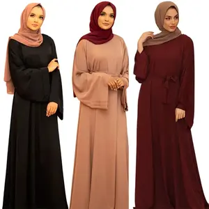Wholesale Solid Color Islamic Clothing Crew Neck Turkish Kaftan Dubai Abaya Long Maxi Women Muslim Dress With Belt