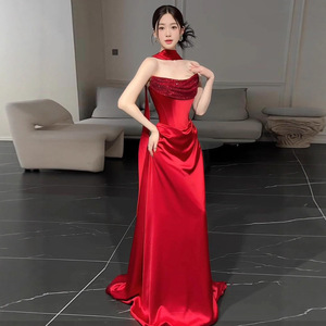 Red Satin Strapless Rhinestone Evening Gown Empire Waistline For Coming Of Age Ceremony - Product Image 1