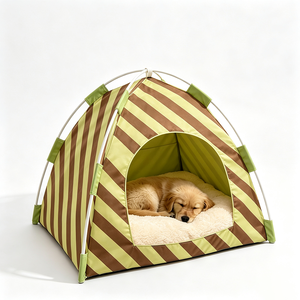 Striped Oxford Fabric Pet Tent <b>Bed</b> With Removable Faux Fur Pad For Dogs Indoor All Seasons Collapsible Design - Product Image 1