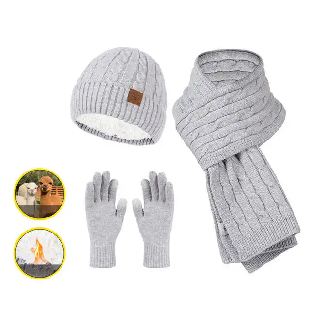 Prix de gros Logo personnalisé unisexe 3 en 1 ensemble épais polaire doublé solide hiver chaud bonnet gants écharpe