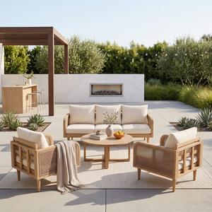 Modern Teak Wood Outdoor <b>Sofa</b> Set with <b>Rattan</b> Patio Furniture for Villa Resort Hotel - Product Image 2