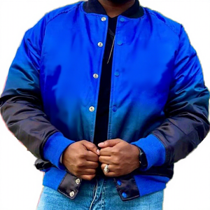 Chaqueta Bomber de Satén para Hombre, Degradado Azul Real y Negro, Tela de Satén Brillante de Poliéster, Cierre Completo, Estilo Urbano, Fabricante Personalizado - Product Image 1