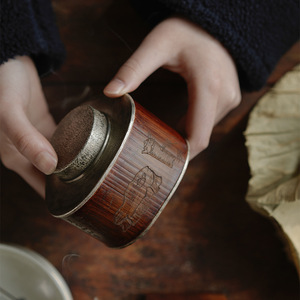 Old <b>Bamboo</b> Tea Caddy With Wooden Lid Carved Design Portable Tea <b>Container</b> For Tea Ceremony Accessories - Product Image 1