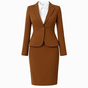 Conjunto de <span class=keywords><strong>Traje</strong></span> a Medida de Lino Puro Color Caramelo para Mujer: Blazer de Manga <span class=keywords><strong>Larga</strong></span> y <span class=keywords><strong>Falda</strong></span> Lápiz <span class=keywords><strong>con</strong></span> Camisa Blanca Uniforme de Trabajo - Product Image 2