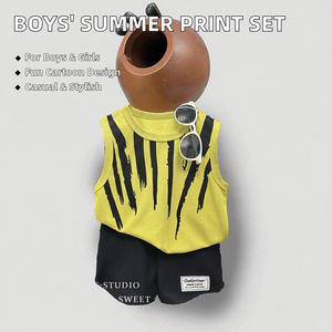 Nouvel ensemble décontracté d'été pour garçons YW, style coréen, imprimé dessin animé, veste à lettres tendance, gilet et <span class=keywords><strong>short</strong></span> - Product Image 2