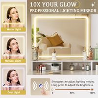 Coiffeuse moderne avec miroir éclairé, lumières LED 3 couleurs, prise de courant, 5 tiroirs, bois massif, pieds en métal robustes, chambre/salon