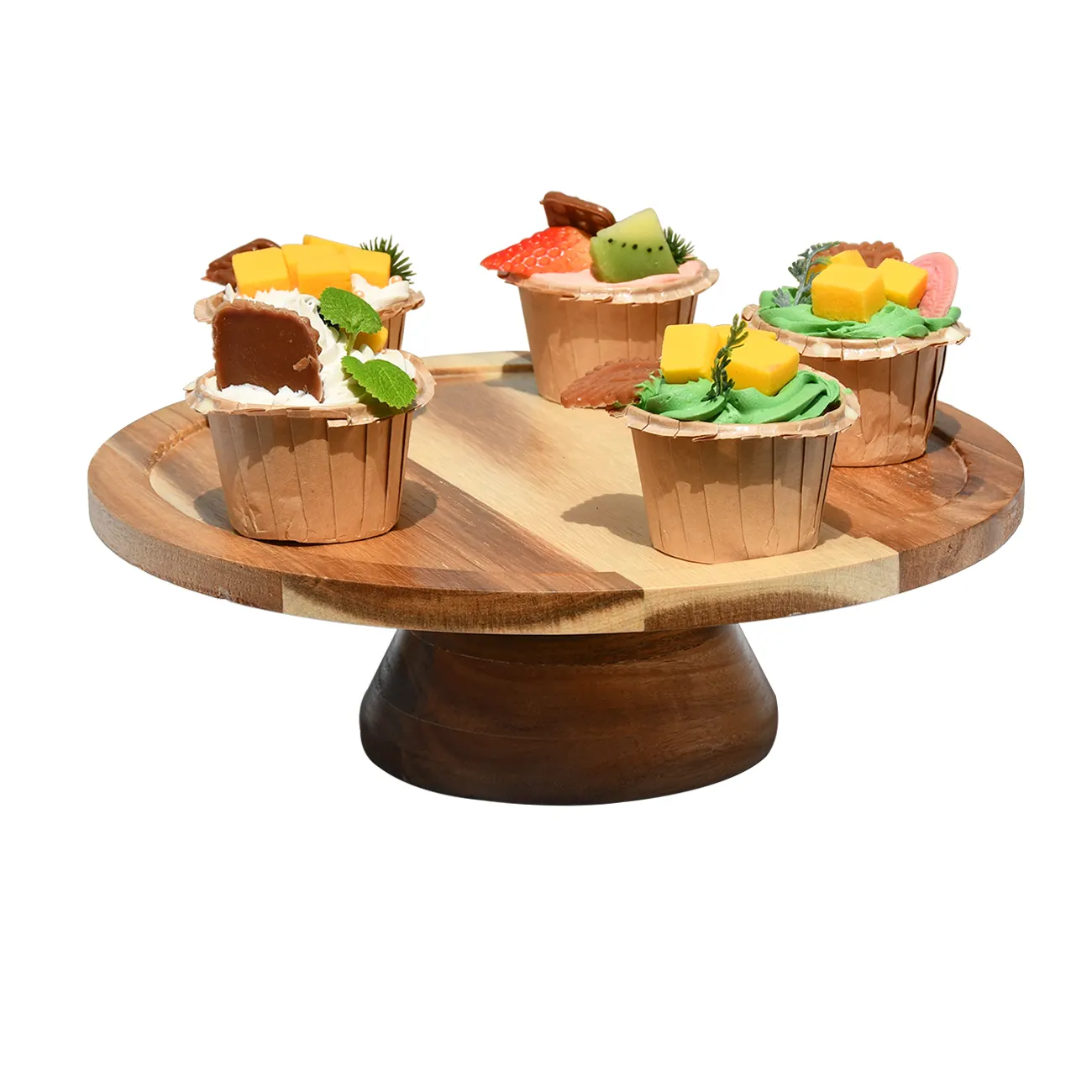 Support à gâteau rotatif en bois de pâte d'acacia, base Lazy Susan, support à gâteau rustique avec bois pour gâteaux de mariage Boîte blanche en bambou de 10 pouces