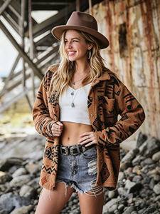 Chaqueta de Forro Polar con Estampado Azteca Vintage para Mujer, Estilo Occidental, Cuello Solapa, Bolsillos Grandes, Manga Larga, Informal - Product Image 2