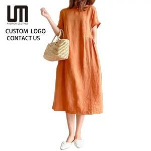 Abito <span class=keywords><strong>Midi</strong></span> Estivo da Donna Casual Oversize Morbido in Lino e <span class=keywords><strong>Cotone</strong></span> a Tinta Unita con Maniche Corte e Logo Personalizzato, Prodotto di Grande Successo - Product Image 3