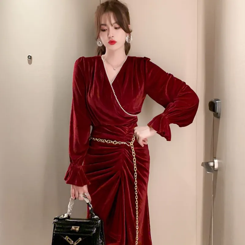 ZY.HT 4487 New Women'S Clothes Burgundy Solid Color Western Style Long Sleeve Slim Fashion Velvet Elegant Dress Loose Plus Size