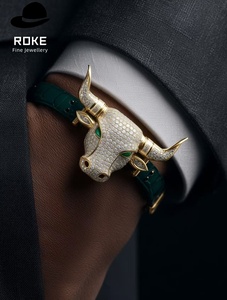 <span class=keywords><strong>Bracelet</strong></span> de luxe personnalisé Tête de Taureau en Or 9K-18K, entièrement pavé de diamants, yeux d'émeraude, en <span class=keywords><strong>cuir</strong></span> de crocodile, pour Hommes et Femmes, Cadeau de fête - Product Image 4