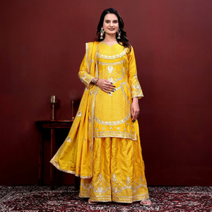 Sharara en soie jaune avec dupatta brodé, tenue de mariage traditionnelle indienne et pakistanaise pour femme, coupe classique, longueur ras du sol, été et hiver - Product Image 1