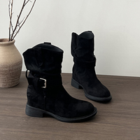 Bottes mi-mollet souples pour femmes, talon compensé dissimulé, en daim avec bride à boucle, style western à découpe en V, 3 couleurs.