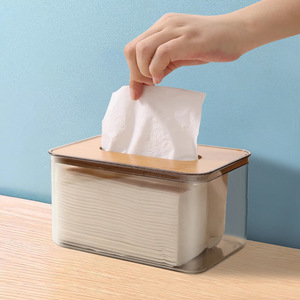 Tissue Box Rectangle Transparent With Wood Lid Desktop Storage For Living Room Home Use - Product Image 1