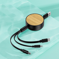 Câble de charge USB rapide 3-en-1 en bambou, rétractable 1,2 m, pour promotion, exposition commerciale, publicité, événement, cadeau, câble de charge 3-en-1
