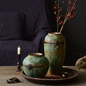 Bixuan <strong>Vases</strong> Green Retro Distressed Ceramic Jar <strong>Vase</strong> Unique Brass Ring Decor Art Porcelain <strong>Vases</strong> Table Centerpieces <strong>Set</strong> of <strong>3</strong> - Product Image 5