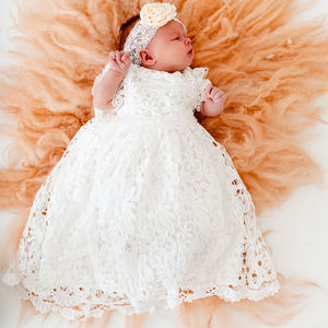 3-24M <span class=keywords><strong>Baby</strong></span> Boutique Tauf kleider Neues Design Mädchen Kleidung Neugeborene Spitze Taufe Haarband Kleinkind Taufe Kleid - Product Image 6