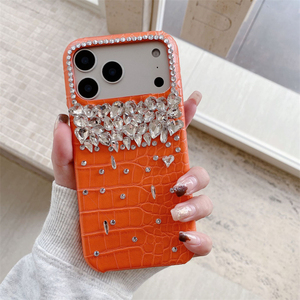 Étui de téléphone en cuir <span class=keywords><strong>orange</strong></span> à motif crocodile avec diamants pour iPhone 17 16 15 14 Pro 13 Pro Max – Coque arrière de luxe antichoc ornée de diamants - Product Image 4
