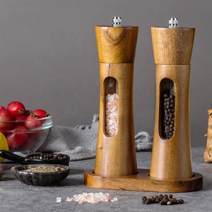 Moulins à épices manuels rechargeables de 8 pouces avec fenêtre à vue dégagée Ensemble de moulins écologiques en bois d'acacia avec base - Product Image 3