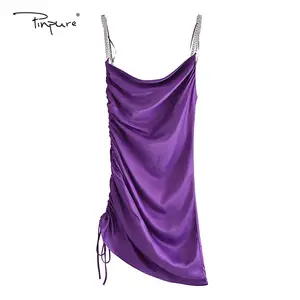 R40005S 2022 new arrival women's purple color silk satin bandage pleated dress for party