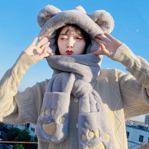 屋外冬暖かい厚手ビーニースカーフかわいいウサギふわふわ帽子女性子供用毛皮帽子スカーフ手袋セットロングフード付きスカーフ - Product Image 4