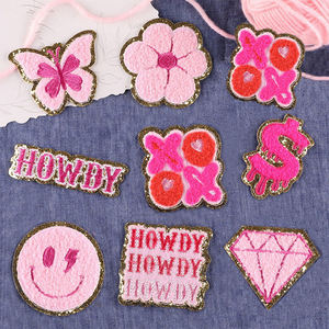 Diamante sorriso viso fiore parola Logo oro ferro Glitter ricamato rosa ciniglia <span class=keywords><strong>patch</strong></span> nuovo Design per gli indumenti - Product Image 2