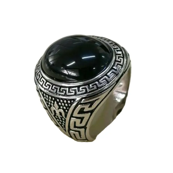 Keiyue china factory direct wholesale jewelry black stone ring in silver for men moss agate ring