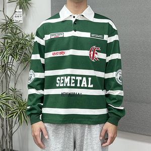 เสื้อยืดคอตตอนลายทางพิมพ์สกรีนทรงหลวมแบบมีปกสำหรับผู้ชาย ปักโลโก้ตามสั่ง เสื้อโปโลแขนยาวสไตล์วินเทจสำหรับผู้ชาย - Product Image 3