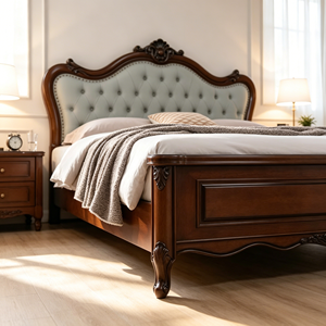 Traditional Queen Size Wood Bed Frame with Tufted Faux Leather Upholstery and Mahogany Finish - Product Image 5