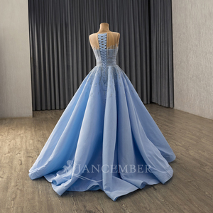 Robe de soirée bleue RSM251071 à sequins et strass, col cœur, avec cape détachable, dos lacé, personnalisable, drapée et froncée - Product Image 4