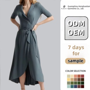 Abito Midi Estivo Personalizzato da Donna in Jersey con Colletto Avvolgente, Motivo Tinta Unita, Vita <span class=keywords><strong>Naturale</strong></span>, Produttori di <span class=keywords><strong>Abbigliamento</strong></span> per l'Autunno - Product Image 1