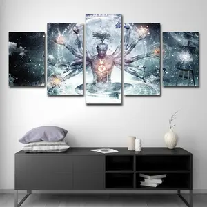 Cetak HD 5 panel Buddha Yoga abstrak pohon meditasi bumi langit berbintang Modern kanvas seni Giclee Poster untuk dekorasi dinding