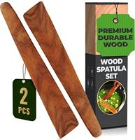 Ensemble de spatules en bois pour la cuisine, 2 spatules en teck durables de 12 pouces, spatule plate pour retourner les œufs, grattoir à crêpes, ustensiles en boîte