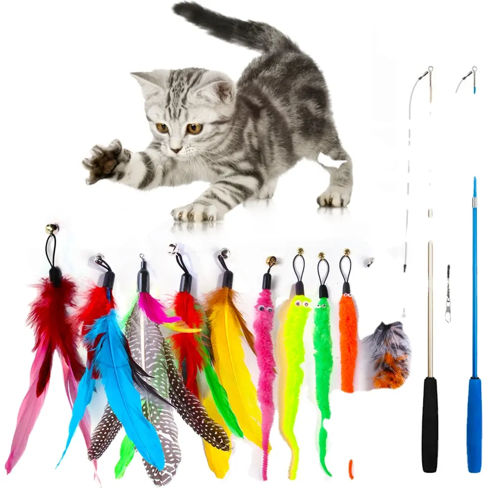 Mainan Tongkat Kucing Interaktif Dapat Diperpanjang Isi Ulang Penggoda Bulu Cacing Pengganti Hadiah Anak Kucing Lompat