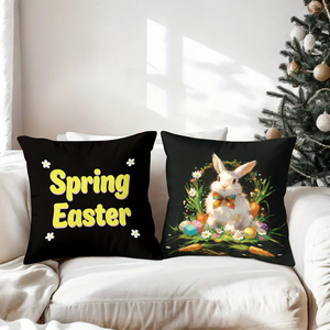 Coussins décoratifs de Pâques avec des lapins, des agneaux et des œufs colorés, avec des messages festifs sur fond noir - Product Image 3