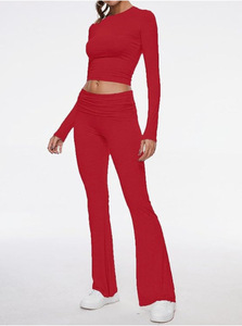 Wholesale Women T Shirt Pants <b>Set</b> Crew Neck Low Waist Flare Leg Regular Fit Casual Streetwear Outfit Private Label Custom - Product Image 6
