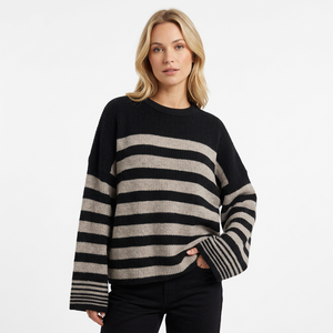 Pull en tricot épais rayé pour femme, col rond, coupe ample, ourlet fendu, manches chauve-souris, pour l'automne et l'hiver - Product Image 1
