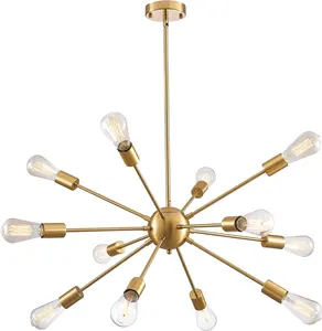 Lampu gantung emas 12 bohlam, lampu gantung perabotan mewah pertengahan abad Modern