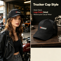 Casquette de camionneur noire avec logo en patch de caoutchouc découpé au laser, panneaux latéraux respirants, visière incurvée, dos en maille, casquette de baseball pour moto