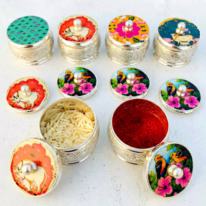 Luxury Handmade Silver Haldi Kumkum Dabbi Set with Designer Printed Lids Traditional Roli Chawal Container Pooja Kumkum <b>Box</b> - Product Image 1
