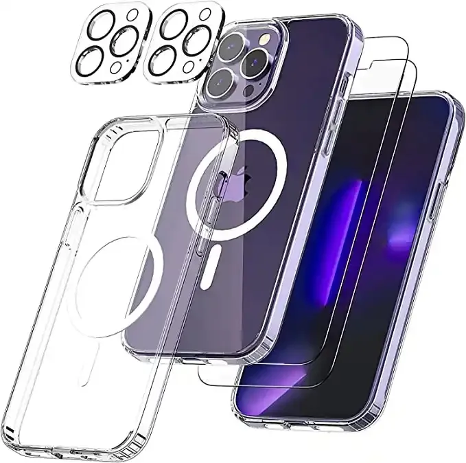 Magnetic Clear Phone Case for iPhone 14 13 12 11 Pro Max mini XS Max X XR 8 plus with 2 Tempered Glass and 2 Lens Protector
